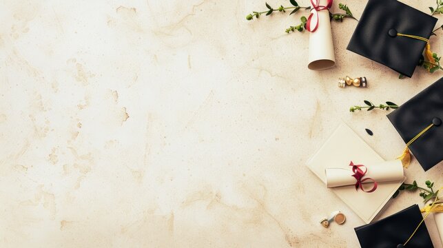 A graduation announcement with a decorative graduation border featuring caps and diplomas