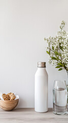 A minimalist scene featuring a white water bottle, a glass of water, a bowl of cookies, and a vase with flowers on a wooden surface.