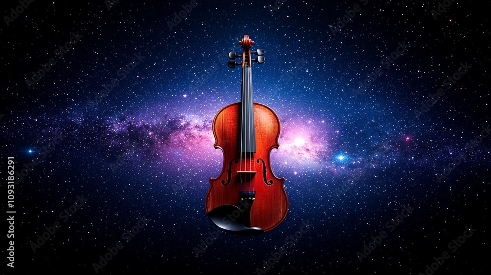Poster conceptual image of a floating violin amidst a cosmic backdrop, illustrating the harmony between mus