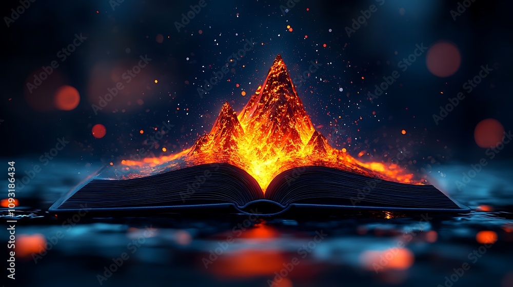 Poster a conceptual open book with fiery lava erupting from its pages, symbolizing knowledge and imaginatio