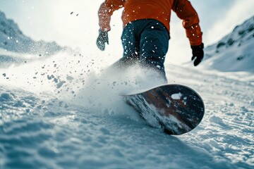 Back view of a person snowboarding down a mountain close-up of the snowboard on the snow