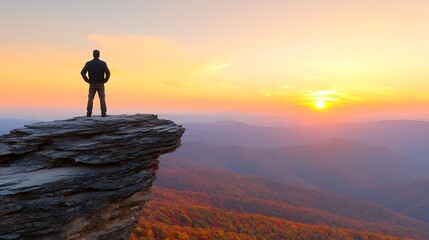 Fototapeta premium A Contemplative Man Standing on a Rocky Outcrop at Sunrise Overlooking a Majestic Landscape with Colorful Autumn Foliage and Dramatic Sky