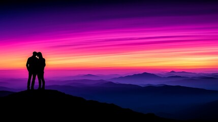 Fototapeta premium Romantic Couple Embracing at Sunrise on a Mountain Peak with Vibrant Colors in the Sky Creating a Dreamy and Serene Atmosphere for Nature Lovers