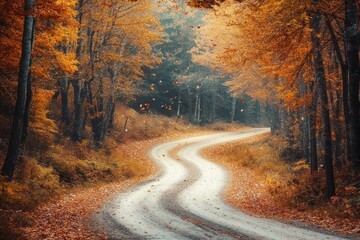 Obraz premium Winding Autumn Road Through Golden Forest Trees