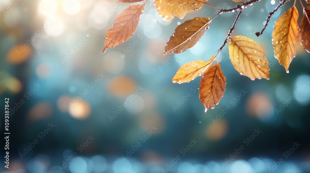 Poster captivating autumn leaves with raindrops glimmering in soft natural light, creating a serene and tra