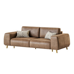 A brown leather sofa with two pillows on it