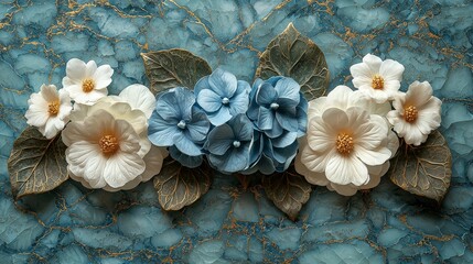 A decorative arrangement of blue and white flowers with green leaves on a textured backdrop.