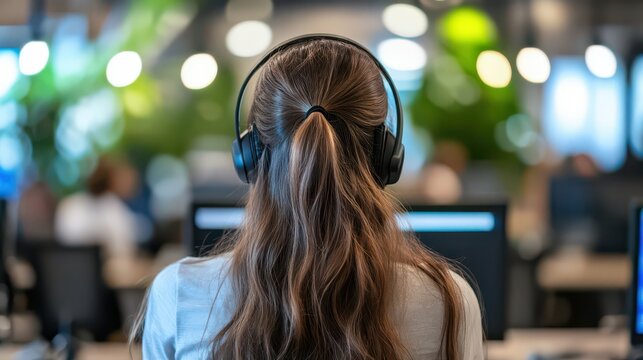 Woman in Headphones at Modern Office Workspace