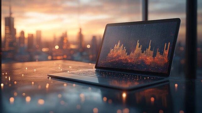 Sunset cityscape with financial data on laptop screen