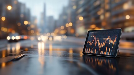 Tablet displaying financial data on rainy street night