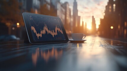 Tablet with graphs beside coffee cup on city street