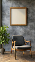 3D Interior Design Illustration, Modern Armchair, Concrete Wall, Wood Floor