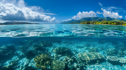 Fototapeta premium Tropical Lagoon Underwater Paradise: Crystal Clear Water, Vibrant Coral Reef, Scenic Island Background