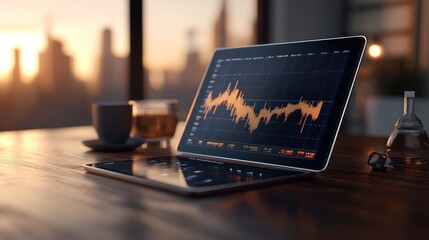 Tablet with evolving stock charts and coffee in office