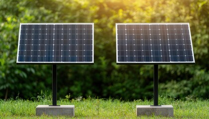 Electric Vehicle, Battery. Solar panels installed in a green outdoor setting.