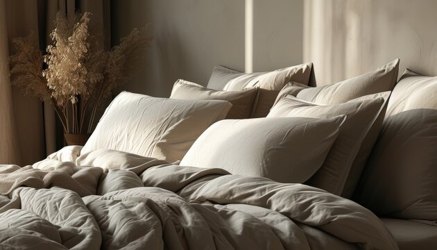 Cozy bedroom with hypoallergenic bedding. Health and wellness concept. Ideal for home décor, bedding ads, wellness publications, and hotel marketing