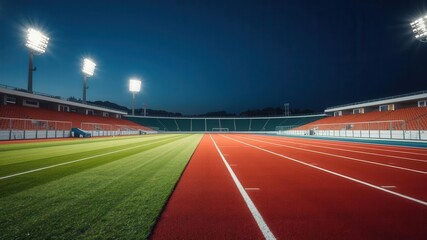 A vibrant and modern running track illuminated by bright overhead lights, perfect for showcasing text or graphics, text, running track