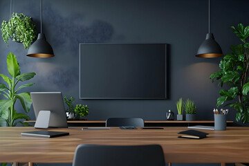 3D Illustration Modern Office Interior with Blank Screen