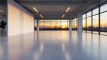 Empty modern office space with large windows offering a stunning sunset city view. The polished concrete floor reflects the warm light, creating a serene atmosphere.