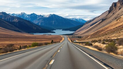 Fototapeta premium A wide open view of Cascade Lakes Highway in Oregon with a diminishing perspective, perfect for promotional text or marketing content, promotional, vast