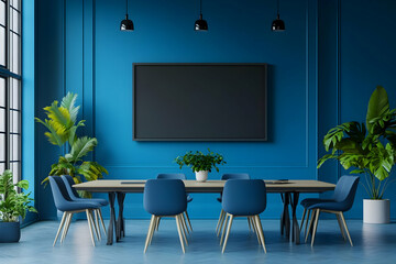 3D Illustration Modern Blue Dining Room Interior Design with Blank Frame
