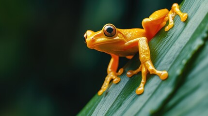 Closeup of an orange frog on a leaf vivid green tones and soft focus ideal for biodiversity and tropical themes