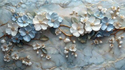 A decorative arrangement of blue and white flowers with intricate detailing on a marble background.
