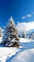 Naklejka premium Winter Wonderland Snowy Landscape with Frosty Pines Nature Retreat Scenic View Christmas Vibes Tranquil Environment