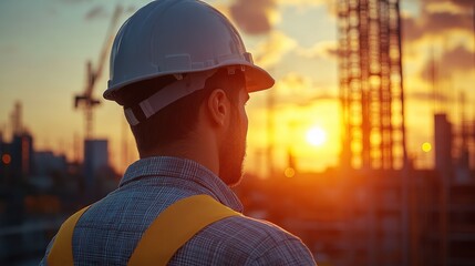 Sunset Construction Site with Worker in Hard Hat