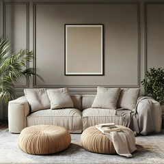 3D Illustration Cozy Living Room Interior Design with Sofa, Rug, Plants, and Artwork