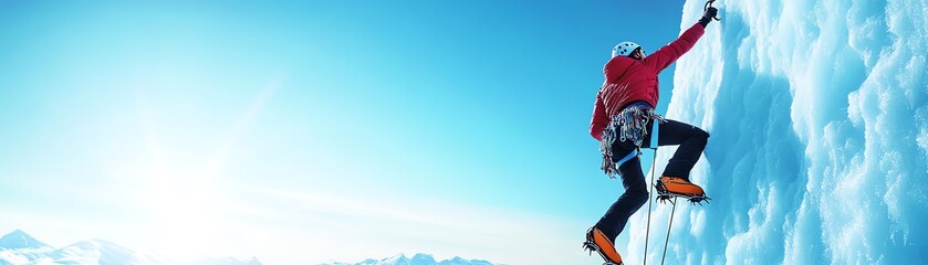 A climber scales a frozen glacier against a stunning blue sky, illustrating adventure and determination in the great outdoors.