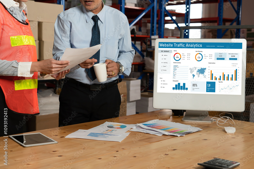 Poster computer software for website traffic analytics data on computer screen. concept of seo search engin