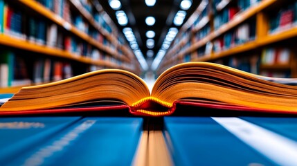 Open book in a library setting.  The warm yellow pages contrast beautifully with the cool blue of the table and the blurred background of bookshelves.