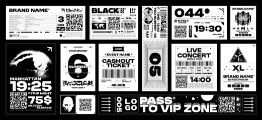 Brutalism label design pack. Futuristic assets for streetwear, event tickets and apparel branding. Retro Y2K and glitch aesthetics graphic elements. Vector set
