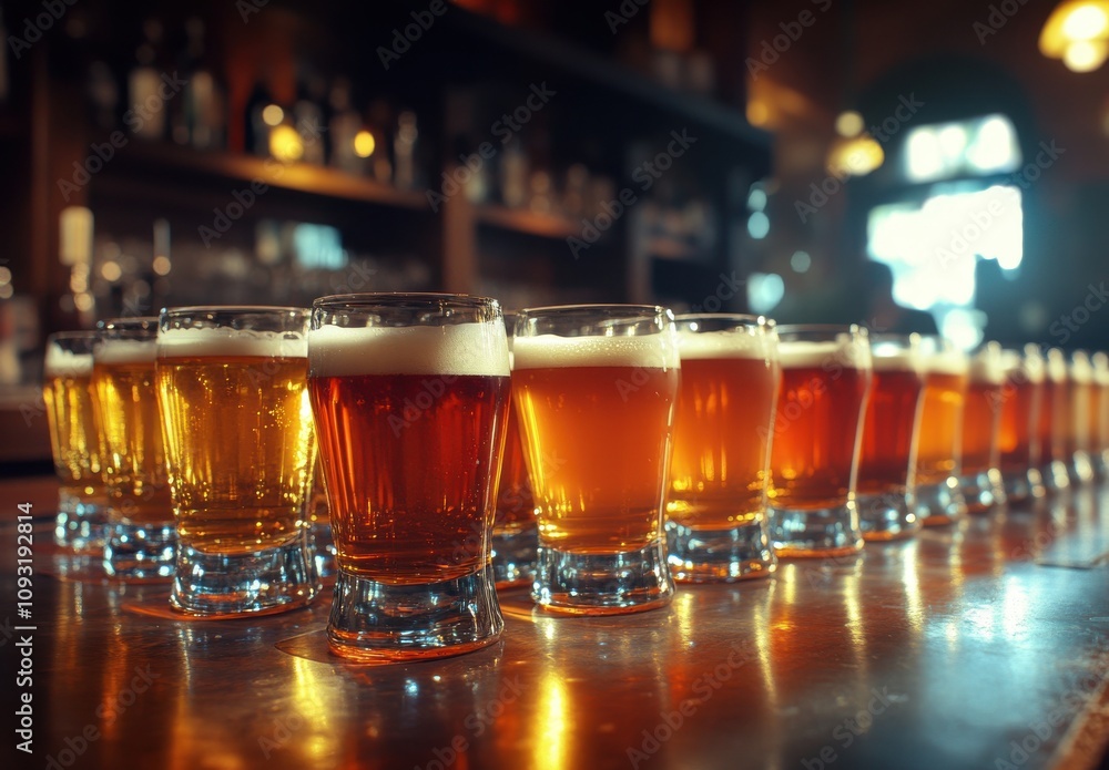 Aufkleber a row of different beer glasses filled with variety of brews in a rustic bar setting with warm light