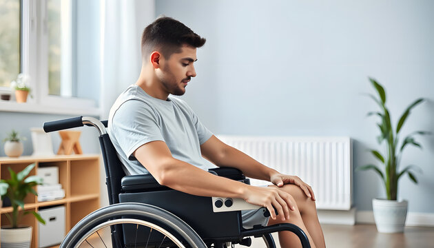 Young Man On Wheelchair With Paraplegia Training At Home isolated with white highlights, png