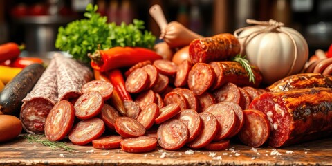 Close-up of a butcher cutting French dry sausage with plenty of open space for adding text or graphics, traditional, gourmet
