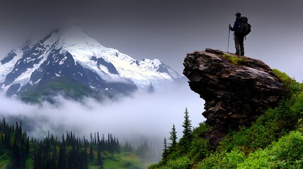 Hiker Standing on Rocky Ledge Surrounded by Majestic Mountains and Lush Greenery with Mist Shrouding the Scenic Landscape