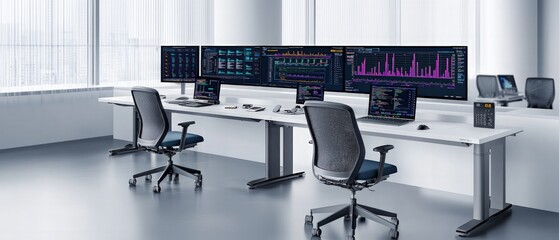 High-tech office workspace design modern business environment data analysis urban setting interior view innovative productivity concept