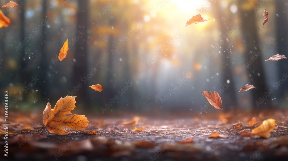 Poster Beautiful Autumn Leaves Falling Gently in a Misty Forest with Sunlight Streaming Through the Trees Creating a Warm and Tranquil Atmosphere in Nature