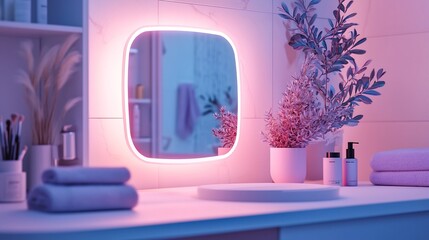 Glowing Smart Mirror in Luxury Bathroom Suggests Personalized Skincare and Makeup Products Based on Daily Skin Condition