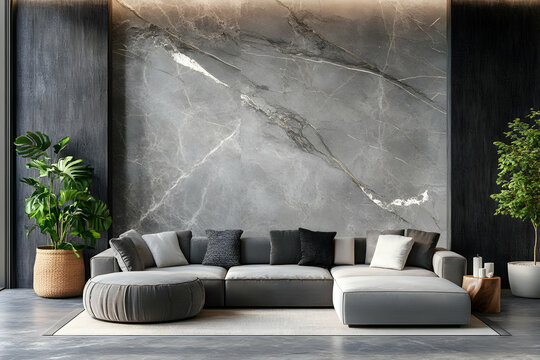 3D Illustration Modern Living Room Interior Design Gray Marble Wall Sofa Plants
