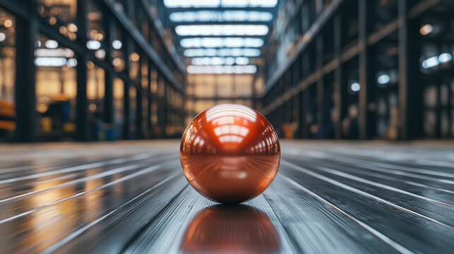 shiny red ball made of metal rolls across wooden floor in industrial space, reflecting light and creating vibrant atmosphere