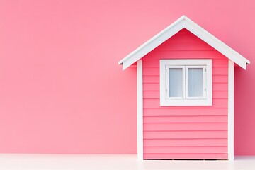 Miniature pink house with window on solid color background
