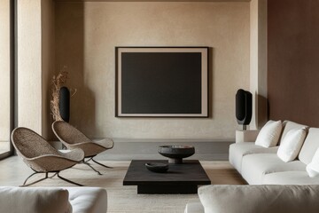 Minimalist Living Room with Beige Walls and Empty Frame Mockup, Contemporary Furniture and Cozy Decor