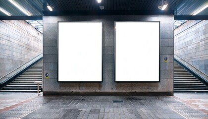 Two blank advertising posters on a subway wall next to a staircase. Interior setting, ideal for commercial branding display. 3D Rendering
