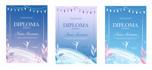 Winter diploma templates set for rhythmi gymnastics. Kids certificate with garlands, snowflakes, pastel cold pink, blue, lilac colours, frozen background. 