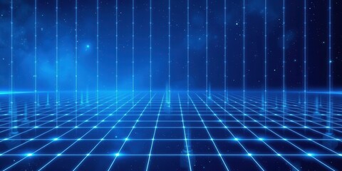 Futuristic blue grid floating in space with copy space for text overlay, background, concept