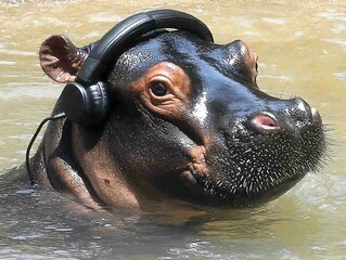 Relaxed Hippo Floating in River with Waterproof Glowing Headphones Enjoying Music Under Warm Afternoon Sun