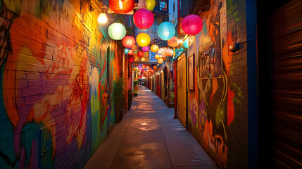 Vibrant Alleyway Street Art Lanterns Night Cityscape